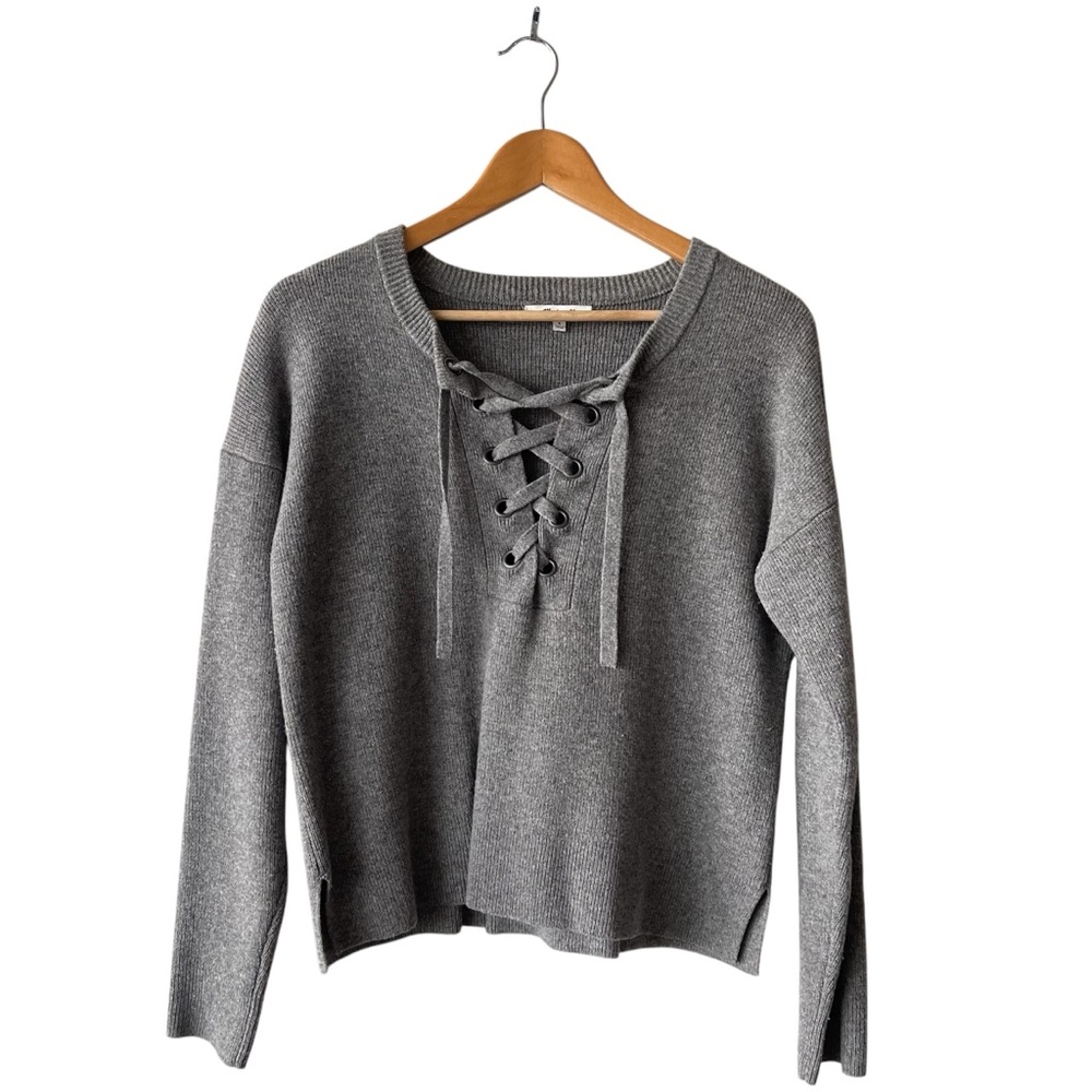 Madewell 100% Merino Wool Gray Lace Up Crop Sweater Small